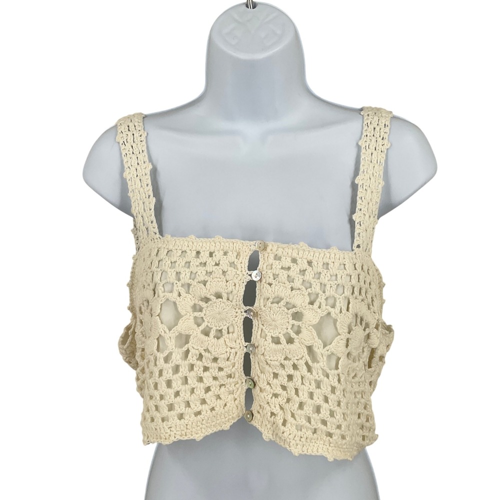 Crochet Crop Top Women M Cream Boho Floral Button Front Airy Festival Resort